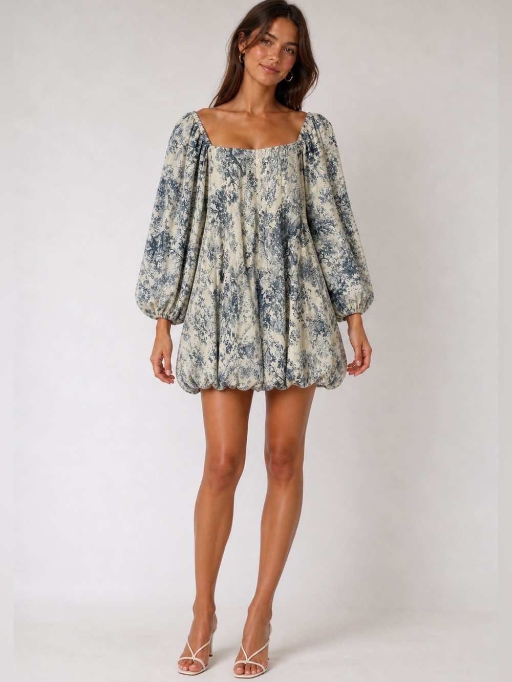 NWT H.A.H Ha Huong Blue Toile Puff Sleeve Puff Hem Mini Dress M - Picture 2 of 7